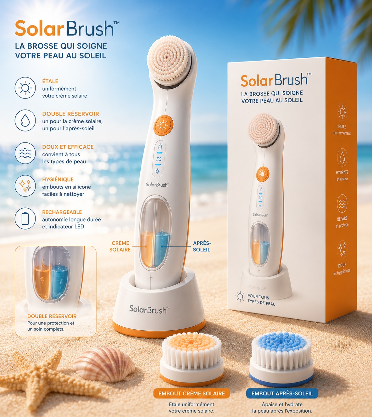 SolarBrush™ — brosse à double réservoir avec ses embouts crème solaire et après-soleil